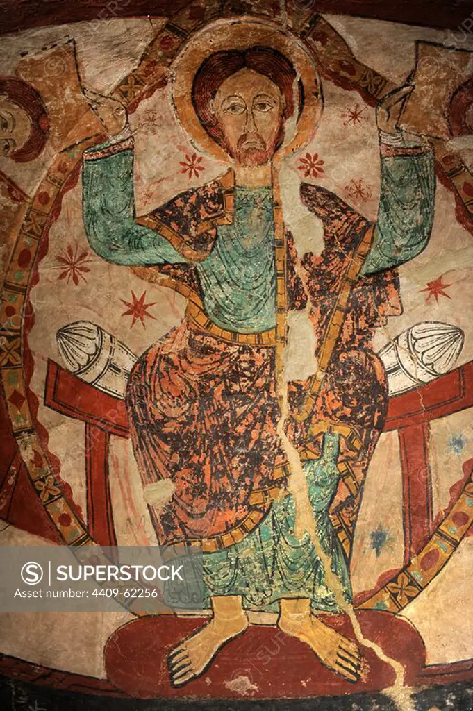Romanesque Art. Spain. 12th century. Church of St. Mary (Santa Maria). Mural painting depicting the martyrdom of English Archbishop Thomas Becket, who died in 1170. Detail of the Pantocrator located on the top of the fresco. Tarrasa. Catalonia.