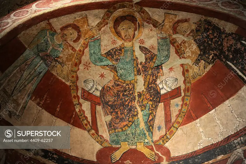 Romanesque Art. Spain. 12th century. Church of St. Mary (Santa Maria). Mural painting depicting the martyrdom of English Archbishop Thomas Becket, who died in 1170. Detail of the Pantocrator located on the top of the fresco. Tarrasa. Catalonia.