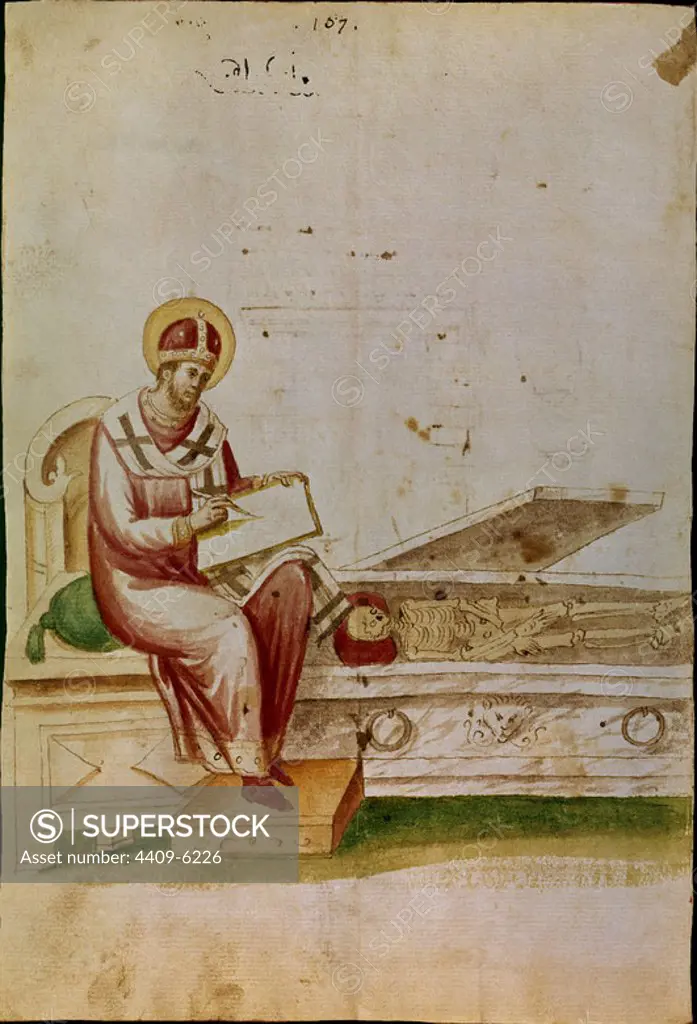 CODEX Y.1.16-Saint GREGORY WRITES BEFORE THE CONSTANTINO TOMB-MEDIEVAL MANUSCRIPT. Location: MONASTERIO-BIBLIOTECA-COLECCION. SAN LORENZO DEL ESCORIAL. MADRID. SPAIN. Constantine the Great. SAN GREGORIO MAGNO. PAPA GREGORIO I MAGNO.