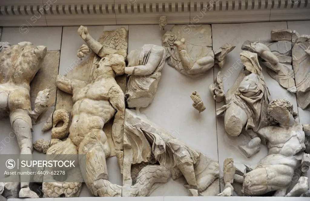 Pergamon Altar. Built by order of Eumenes II Soter. 164-156 BC by artists of the school of Pergamon. Marble and limestone. North frieze. Orion and Enyo. Pergamon Museum. Berlin. Germany.