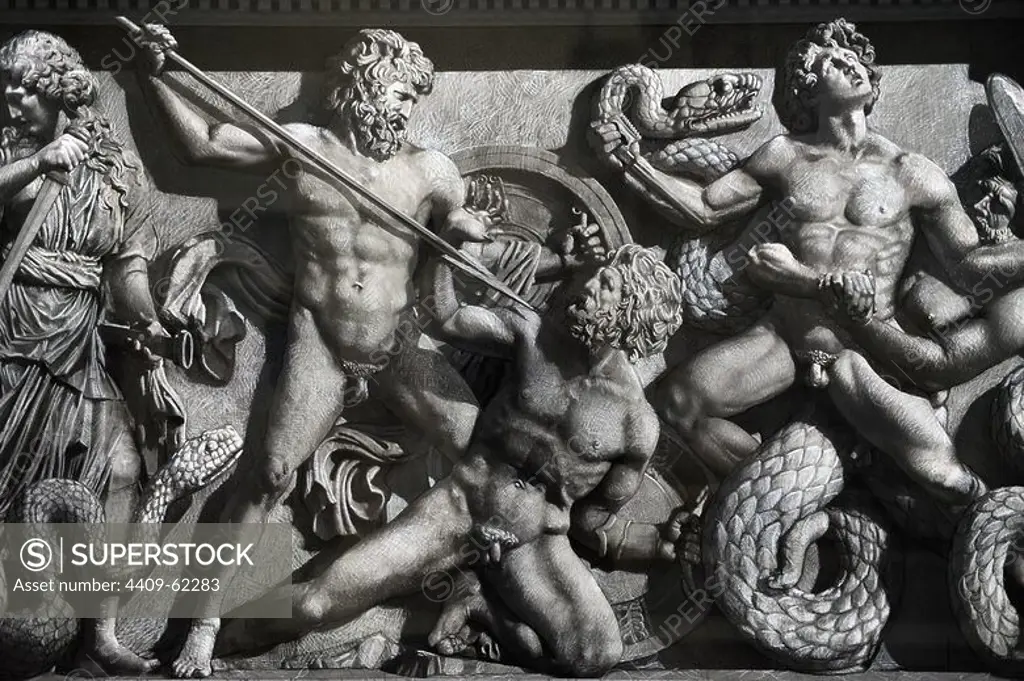 Pergamon Altar. Yadegar Asisi (born 1955). Artistic attempt to restore the North Frieze using the part of the frieze not shown in the panorama in order to complete the figures and scenes. Castor is grabbed from behind by a giant who bites him the arm and his brother Pollux comes to her aid. Pergamon Museum. Berlin. Germany.