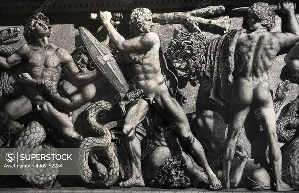 Pergamon Altar. Yadegar Asisi (born 1955). Artistic attempt to restore the North Frieze using the part of the frieze not shown in the panorama in order to complete the figures and scenes. A god, probably Phobos, is about to hurl a tree trunk. Pergamon Museum. Berlin. Germany.
