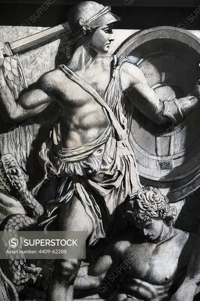 Pergamon Altar. Yadegar Asisi (born 1955). Artistic attempt to restore the North Frieze using the part of the frieze not shown in the panorama in order to complete the figures and scenes. An armored God, probably Eter, fight with a giant. Pergamon Museum. Berlin. Germany.