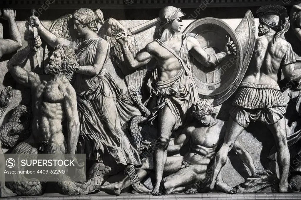 Pergamon Altar. Yadegar Asisi (born 1955). Artistic attempt to restore the North Frieze using the part of the frieze not shown in the panorama in order to complete the figures and scenes. A winged goddess nailed a spear in the chest of his opponent, probably Hemera, and an armored God fight with a giant with armor and spear, probably Eter. Pergamon Museum. Berlin. Germany.