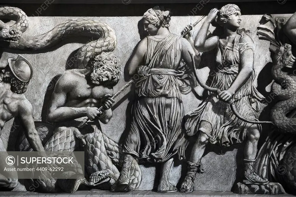 Pergamon Altar. Yadegar Asisi (born 1955). Artistic attempt to restore the North Frieze using the part of the frieze not shown in the panorama in order to complete the figures and scenes. Gigantomachy. Detail. Pergamon Museum. Berlin. Germany.