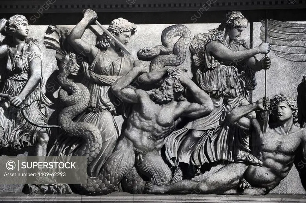 Pergamon Altar. Yadegar Asisi (born 1955). Artistic attempt to restore the North Frieze using the part of the frieze not shown in the panorama in order to complete the figures and scenes. Gigantomachy. The moirs struck Agrios and Thoas. Pergamon Museum. Berlin. Germany.