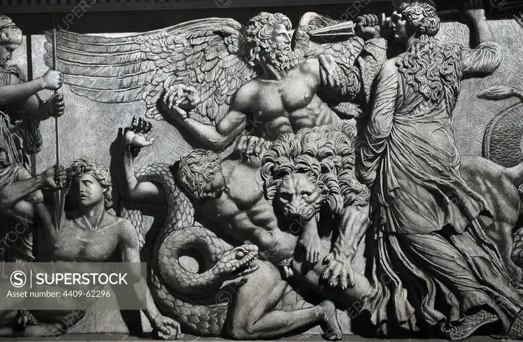Pergamon Altar. Yadegar Asisi (born 1955). Artistic attempt to restore the North Frieze using the part of the frieze not shown in the panorama in order to complete the figures and scenes. Gigantomachy. Goddess Keto with a lion attack the giants. Pergamon Museum. Berlin. Germany.
