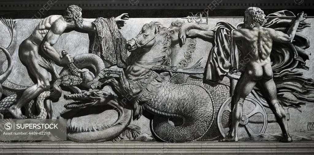 Pergamon Altar. Yadegar Asisi (born 1955). Artistic attempt to restore the North Frieze using the part of the frieze not shown in the panorama in order to complete the figures and scenes. Gigantomachy. The sea god Poseidon emerging from the sea with his carriage drawn by the seahorses, fighting with a giant. Pergamon Museum. Berlin. Germany.