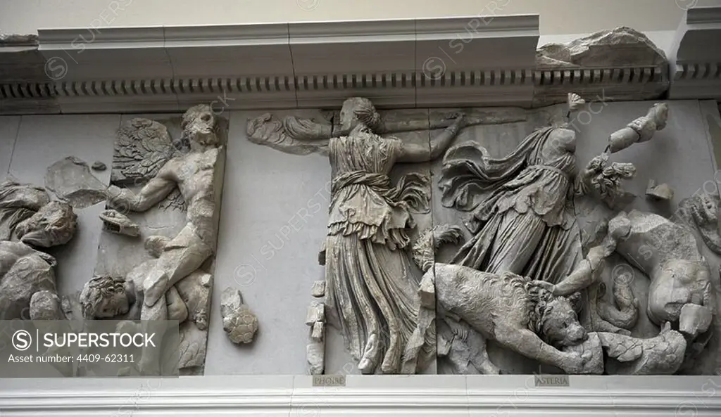 Pergamon Altar. Built by order of Eumenes II Soter. 164-156 BC. Marble and limestone. Gigantomachy. South frieze. The Titan Phoebe with a torch fighting against a winged giant and her daughter Asteria fighting with a sword and a dog. Pergamon Museum. Berlin. Germany.