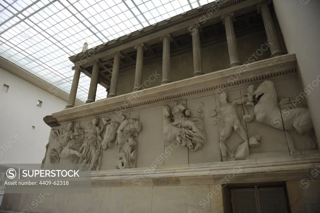 Pergamon Altar. Built by order of Eumenes II Soter. 164-156 BC. Marble and limestone. Gigantomachy. South frieze. Goddess Rhea or Cybele riding on a lion. Pergamon Museum. Berlin. Germany.