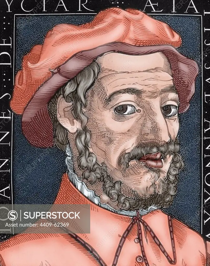 Juan de Yciar (1515/23-1590). Spanish calligrapher. Portrait. Colored engraving.