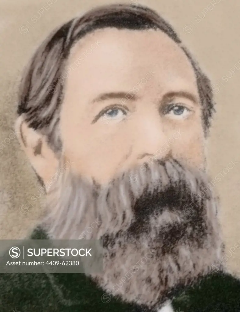 Friedrich Engels (1820-1895). German social scientist, author, political theorist, philosopher, and father of communist theory, alongside Karl Marx. Colored portrait.