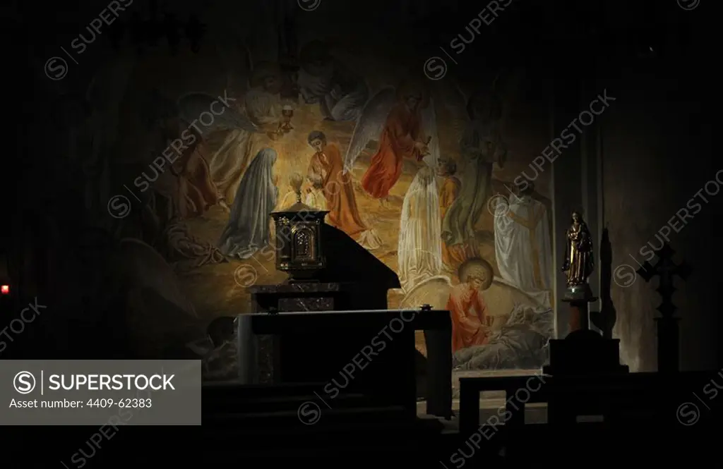 Spain. Terrassa. Church of Saint Peter. Wall paintings of the Holy Sacrament Chapel by Ricard Marlet (1896-1976), 1948. Detail.