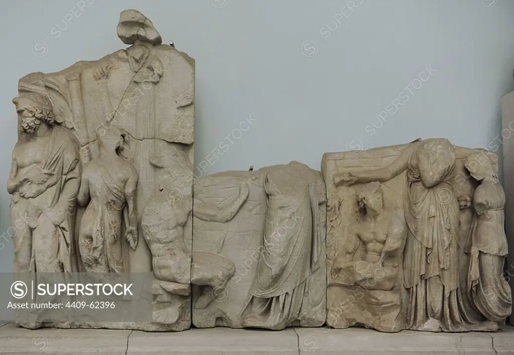 Pergamon Altar. 164-156 BC. Telephos Frieze. Detail. Cults at the Sanctuary of Dionysus. Pergamon Museum. Berlin. Germany.