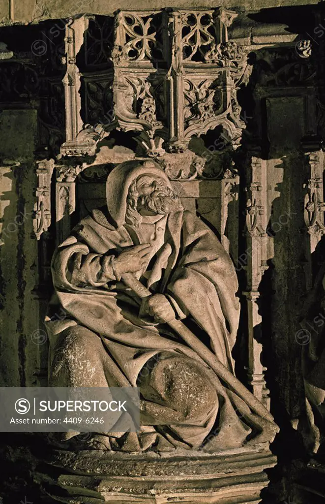 TRASALTAR - DET DEL APOSTOL SANTIAGO - ESCULTURA RENACENTISTA. Author: FELIPE BIGARNY (1475/1543). Location: CATEDRAL-INTERIOR. BURGOS. SPAIN. JAMES THE GREATER. Apóstol Santiago el Mayor.