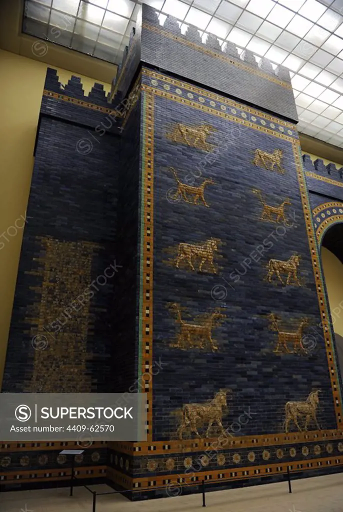 Mesopotamian art. Neo-Babylonian. Ishtar Gate, one of the eight gates of the inner wall of Babylon. Built in the year 575 B.C. during the reign of Nebuchadnezzar II (604-562 BC) using glazed blue brick with alternating rows of basrelief with dragons mushussu, also called sirrush, and aurochs. It was dedicated to the Babylonian goddess Ishtar. Rebuilt in 1930. Pergamon Museum. Berlin. Germany.