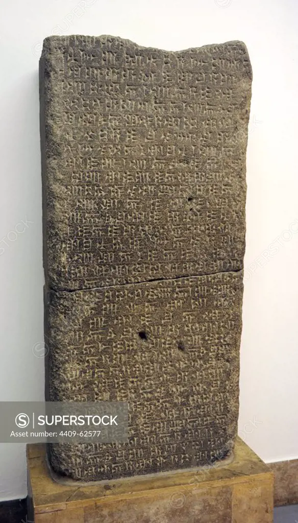 Urartu civilization. Stele of Rusa II, King of Urartu between around 680 BC and 639 BC. Cuneiform inscription commemorating the building of a canal to channel water to the city of Quarlini from the Ildaruni (Hrazdan River). Pergamon Museum. Berlin. Germany.