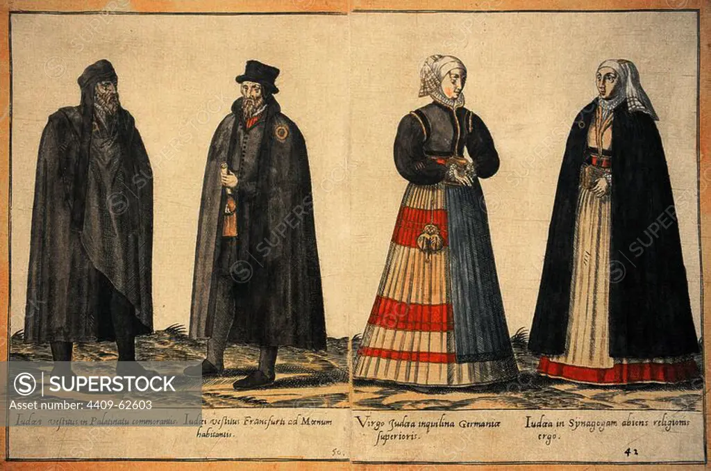 Jewish community. 18th century. Jews in traditional dress. Three of them are marked by a yellow ring to know they were Jews. Engraving.