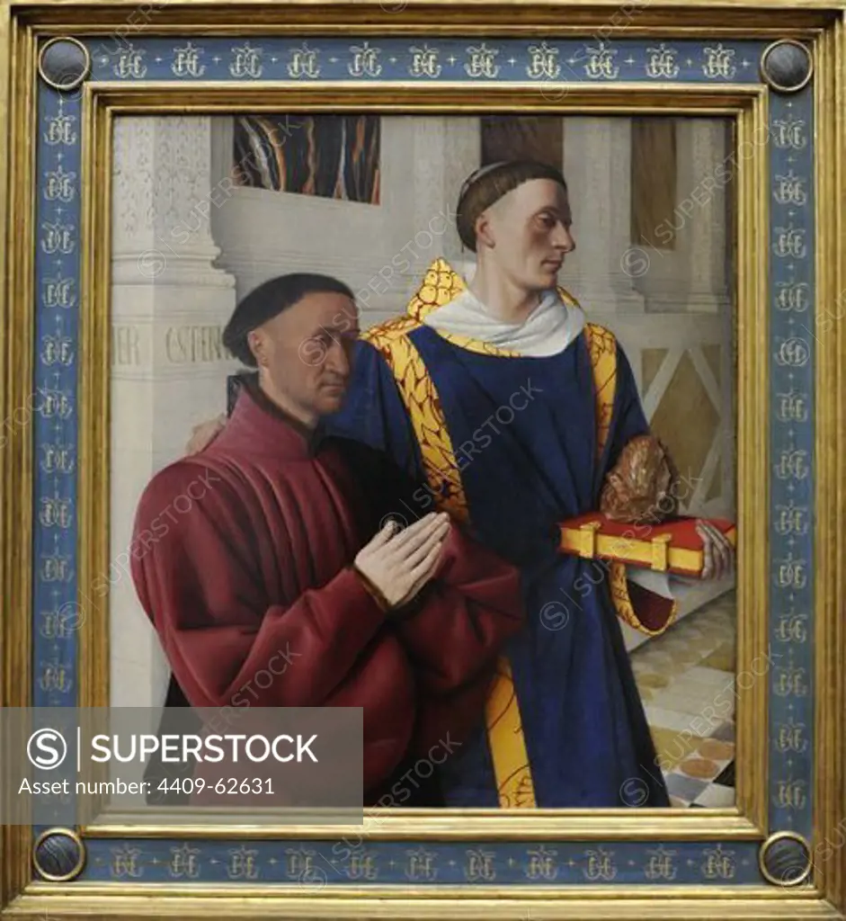 Renaissance Art. France. Jean Fouquet (1420-1481). French painter. Melun Diptych, oil painting about 1452 by order of Etienne Chevalier. Left wing depicting Etienne Chevalier with his patron St. Stephen. Gemaldegalerie. Berlin. Germany.