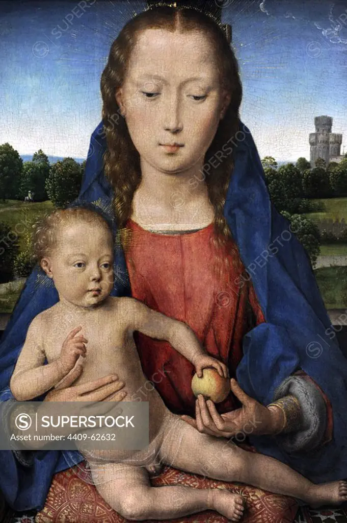 Hans Memling (1430-1494). German born painter. He moved to Flanders and worked in the tradition of Early Netherlandish painting. Portinari Triptych (central panel). Virgin and child. 1487. Oil on wood. Gemaldegalerie. Berlin. Germany.