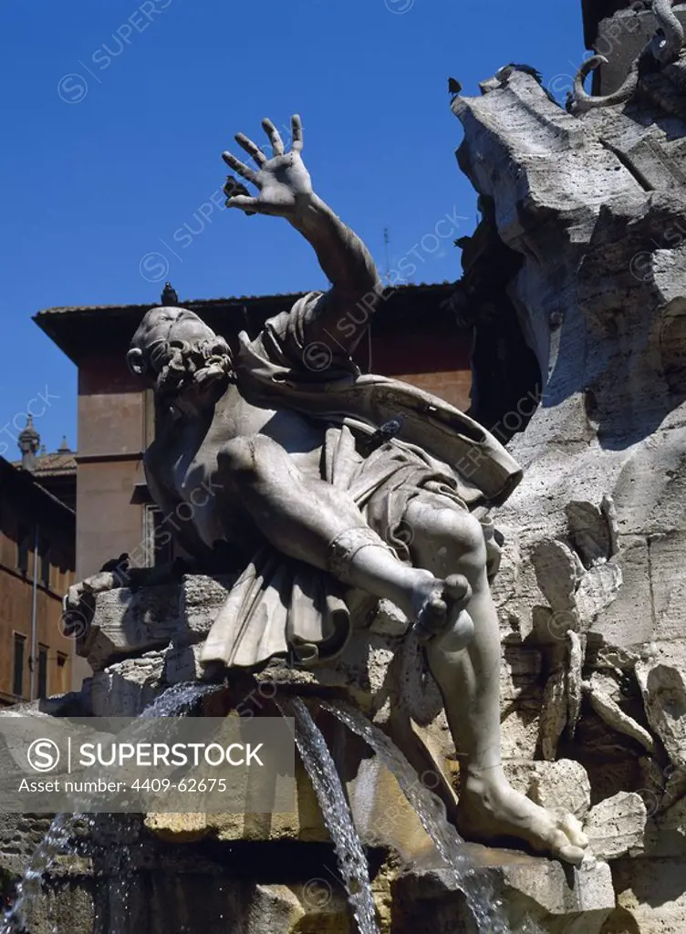 Italy. Rome. Fountain of Four Rivers, 1651, by Gian Lorenzo Bernini (1598-1680). The river-god Rio de la Plata (black slave). Navona Square.