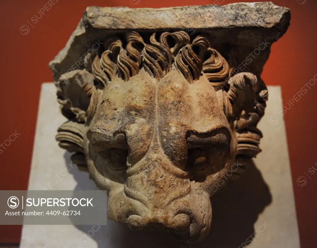 Lionhead gargoyle. 2nd century AD. Limestone. From the entablure of the courtyard colonnades of the Sanctuary of Jupiter Heliopolitanus. Baalbek, Lebanon. Pergamon Museum. Berlin. Germnany.