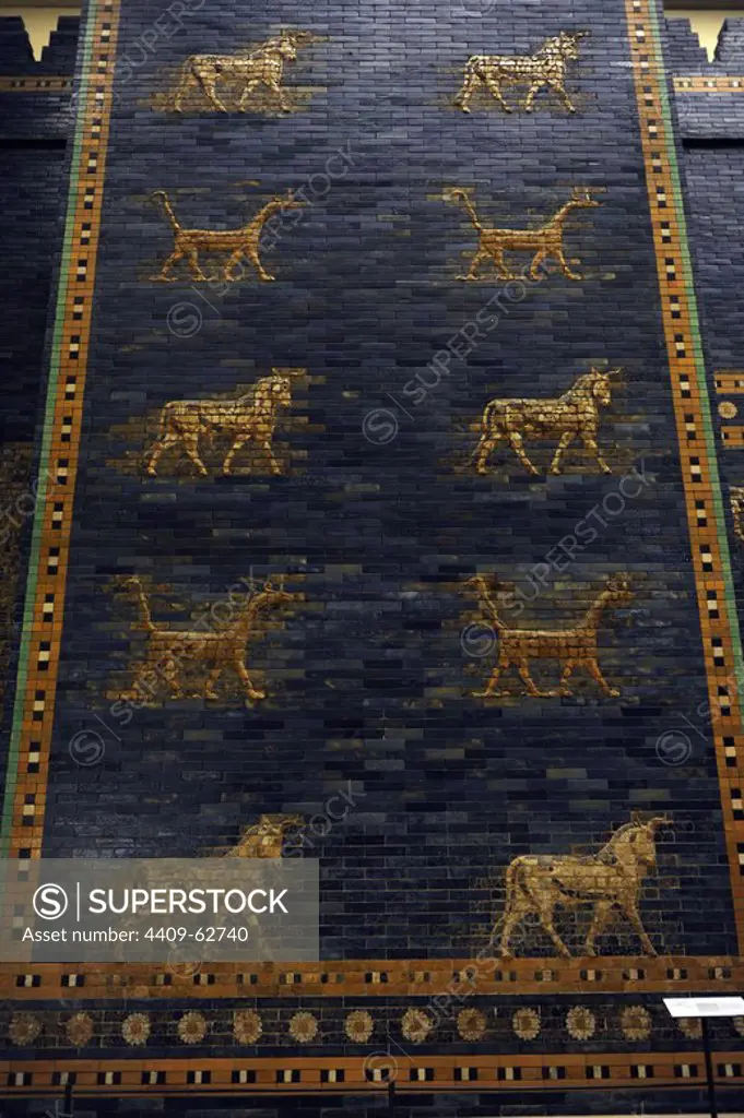 Ishtar Gate. The eight gate of the inner wall of Babylon. Built in 575 BC by order to Nebuchadnezzar II. Reconstructed in 1930. Detail. Pergamon Museum. Berlin. Germany.