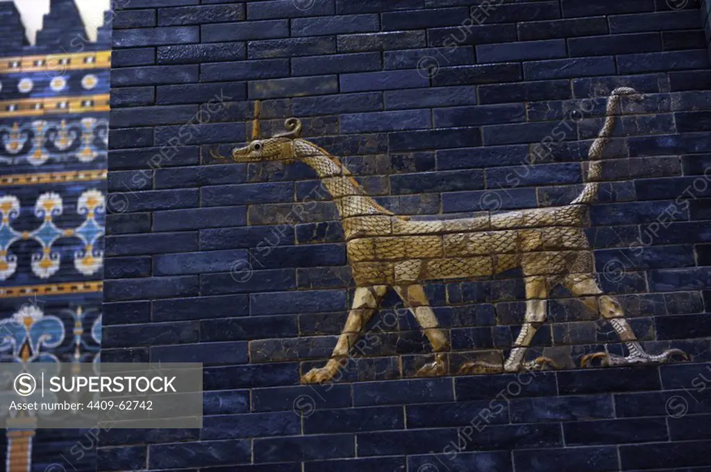 Ishtar Gate. The eight gate of the inner wall of Babylon. Built in 575 BC by order to Nebuchadnezzar II. Reconstructed in 1930. Detail. Pergamon Museum. Berlin. Germany.