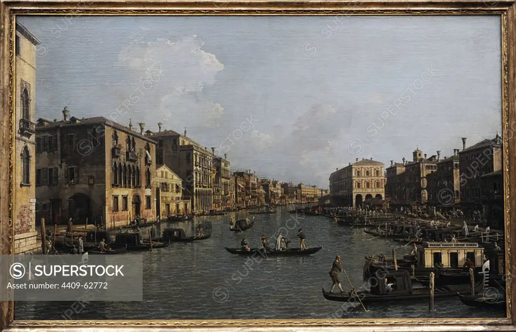 Canaletto (1697-1768). Italian painter. Grand Canal Looking South-East from the Campo Santa Sophia to the Rialto Bridge, c. 1756. Gemaldegalerie. Berlin. Germany.