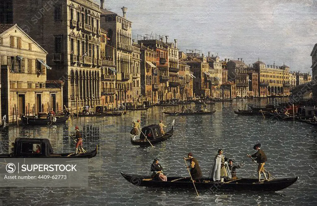 Canaletto (1697-1768). Italian painter. Grand Canal Looking South-East from the Campo Santa Sophia to the Rialto Bridge, c. 1756. Detail. Gemaldegalerie. Berlin. Germany.