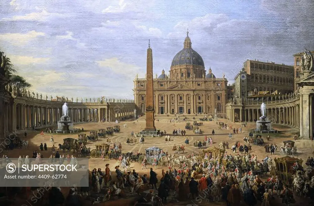 Giovanni Paolo Panini (1691-1765). Italian painter. The output of the Duke of Choiseul (1719-1785) of St. Peter's Square in Rome, 1754. Gemaldegalerie. Berlin. Germany.
