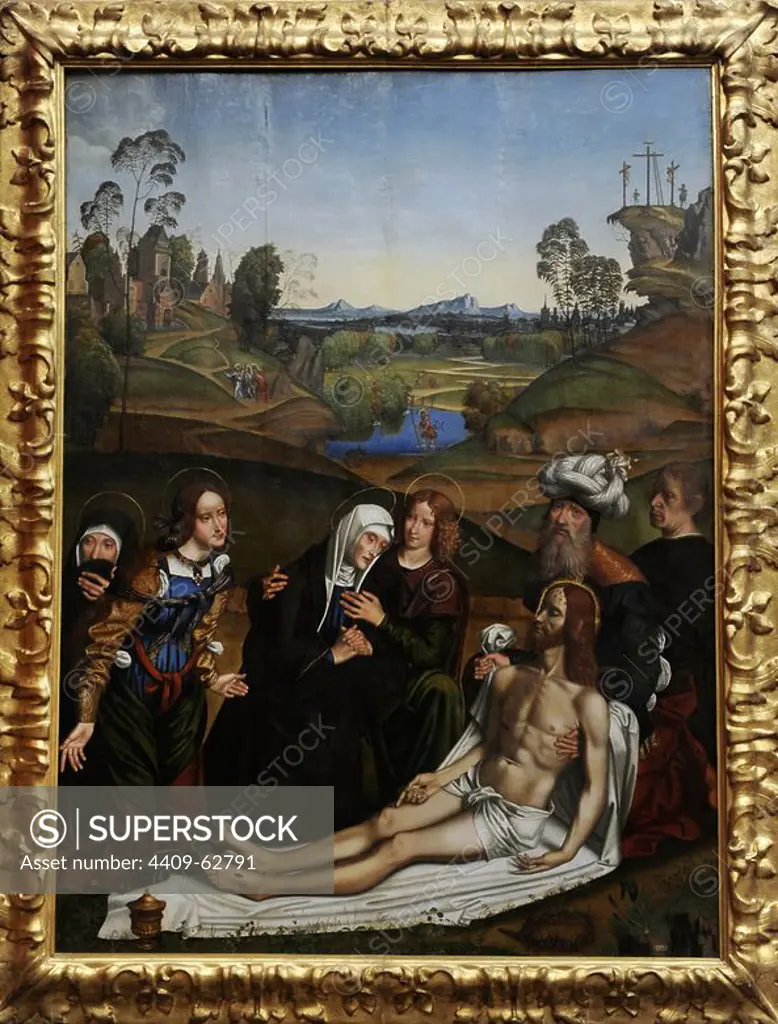 Domenico Panetti (1460-1530). Italian painter. The Lamentation of Christ with a Donor, c.1505. Gemaldegalerie. Berlin. Germany.