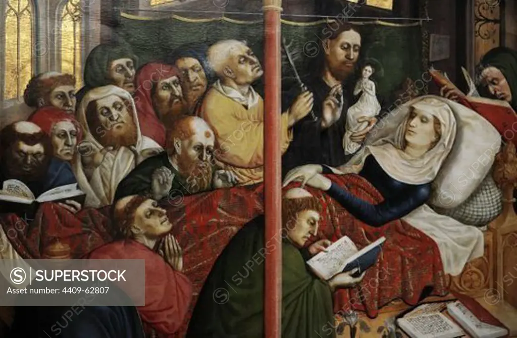 ARTE GOTICO. S. XV. ALEMANIA. Hans Multscher (h. 1390/1400-1467). Uno de los más importantes iluminadores gótico prerenacentista alemán. Se le considera el más importante pintor alemán de la primera mitad del siglo XV. RETABLO DE WURZARCH, 1437. Panel en la parte inferior derecha, con la representación de "LA MUERTE DE MARIA", rodeado por los apóstoles.