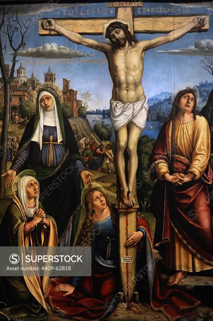 Pier Francesco Sacchi, called Il Pavese (1485-1528). Italian Renaissance painter. Christ on the cross, the Three Marys on mourning by John and the Donor or Patron, 1514. Gemaldegalerie. Berlin. Germany.