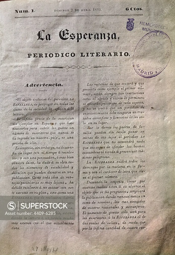 PERIODICO LITERARIO" LA ESPERANZA" 7/4/1839 PRIMERA PAGINA. Location: HEMEROTECA MUNICIPAL. MADRID. SPAIN.