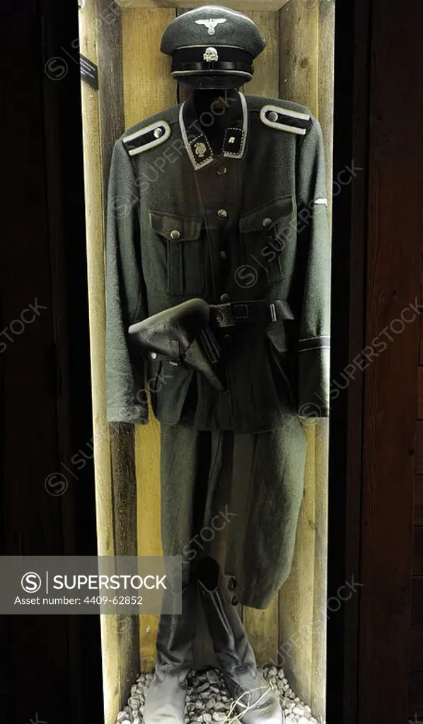 Uniform of a Krakow-Plaszow concentration camp guard. It was built by the SS in Plaszow, southern suburb of Krakow, after the German invasion of Poland. Museum of Oskar Schindler's Factory. Krakow. Poland.