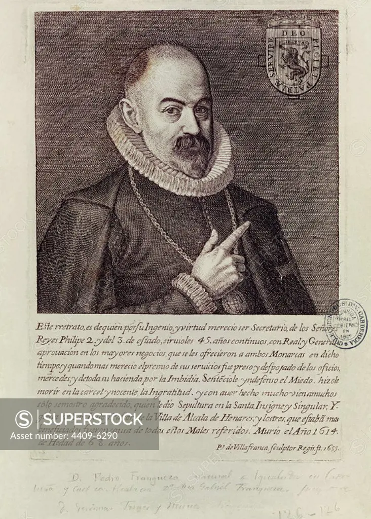 PEDRO FRANQUEZA (1546-1614) - GRABADO DE 1655 - BARROCO ESPAÑOL. Author: VILLAFRANCA PEDRO DE. Location: BIBLIOTECA NACIONAL-COLECCION. MADRID. SPAIN. FRANQUEZA PEDRO. VILLALONGA CONDE.