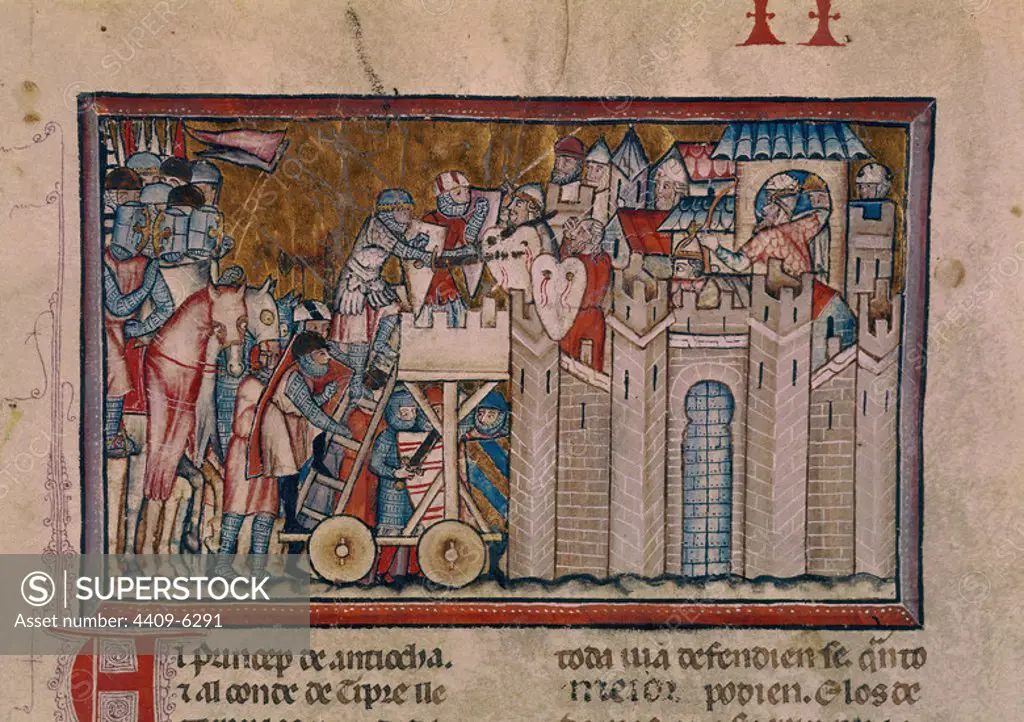 Great Conquest of Overseas. The Crusaders Attacking a Muslim Castle. 13th century. Gothic miniature. Madrid, National Library. Location: BIBLIOTECA NACIONAL-COLECCION. MADRID. SPAIN.
