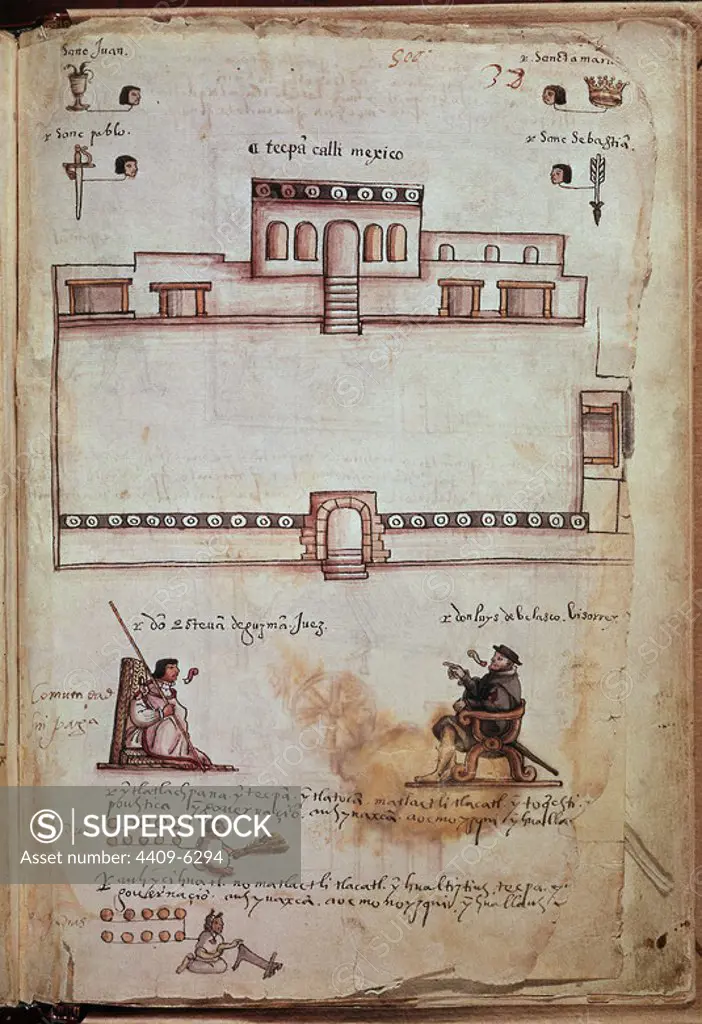 Osuna Codex. Governors and Mayors. Judge Esteban de Guzman Seeing Viceroy don Luis de Velasco. Madrid, National Library. Author: PUDA DR. Location: BIBLIOTECA NACIONAL-COLECCION. MADRID. SPAIN.