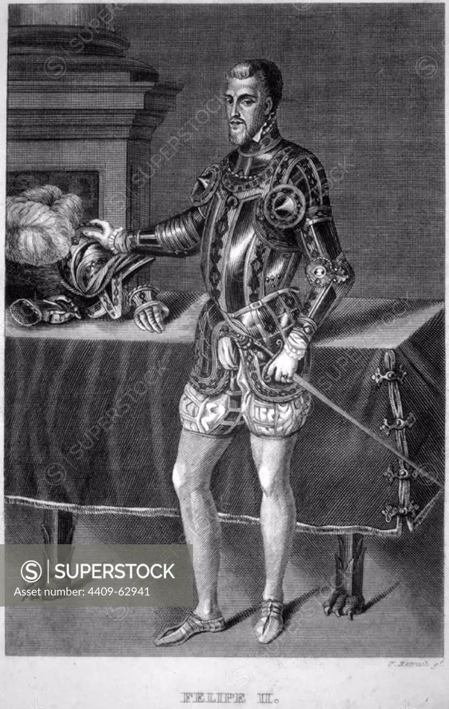 Felipe II de Austria, llamado El Prudente (1556-1598), rey de España desde 1556 hasta su muerte. Grabado de 1890.