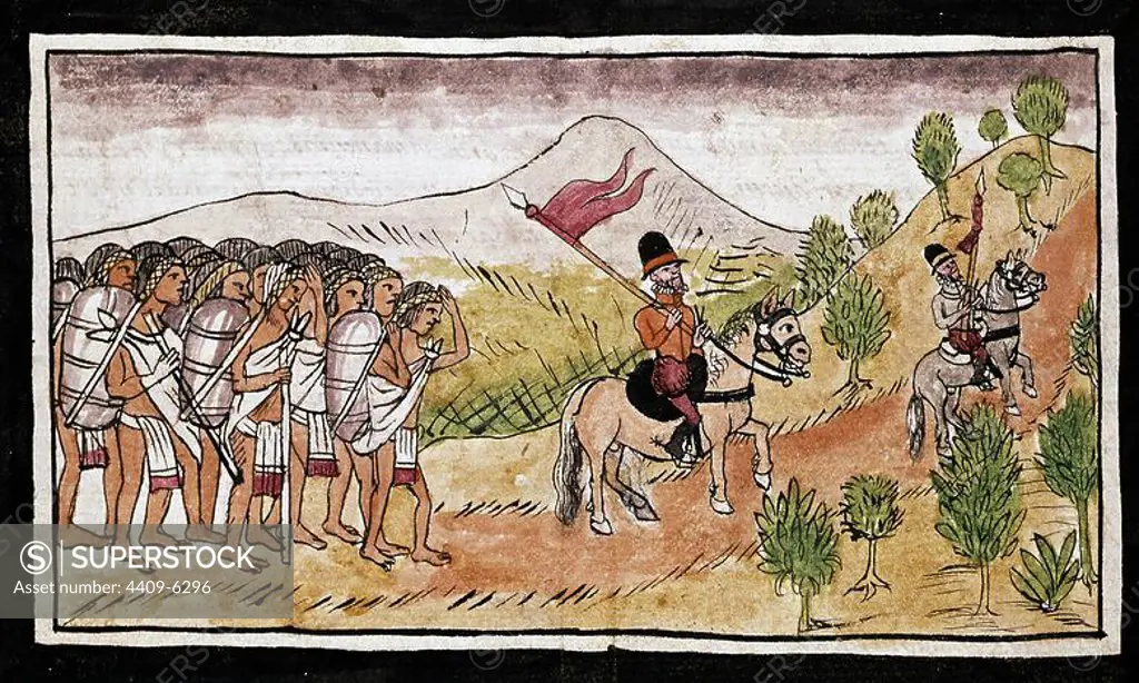 Aubin codex: Hernan Cortes riding to Mexico. 16th century. Madrid, National library. Author: DIEGO DURAN. Location: BIBLIOTECA NACIONAL-COLECCION. MADRID. SPAIN.