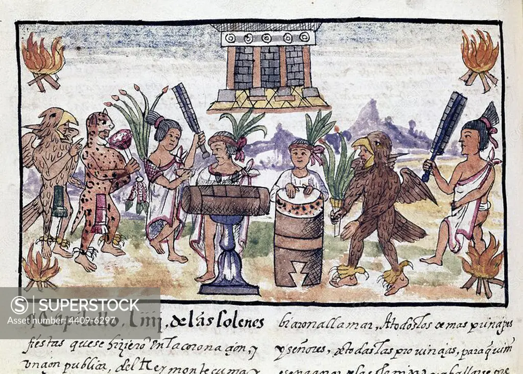 HISTORY OF THE INDIES OF NEW SPAIN - CELEBRATION OF THE CORONATION OF MOCTEZUMA - 16TH CENTURY. Author: DIEGO DURAN. Location: BIBLIOTECA NACIONAL-COLECCION. MADRID. SPAIN.