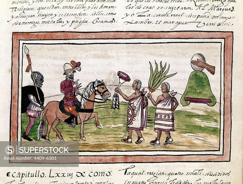 Aubin codex: Hernan Cortes receiving offerings from caciques. 16th century. Madrid, National Library. Author: DIEGO DURAN. Location: BIBLIOTECA NACIONAL-COLECCION. MADRID. SPAIN.