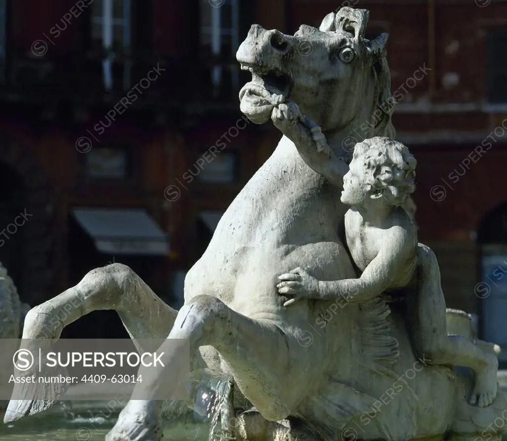 ARTE BARROCO. ITALIA. CABALLO-PEZ y NIÑO, detalle de las esculturas que decoran la Fuente de Neptuno en la plaza Navona. ROMA.