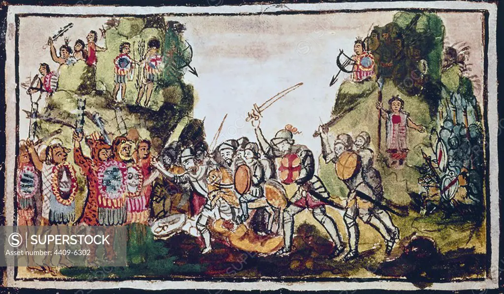 Aubin codex: Hernán Cortés fighting the Indians. 16th century. Madrid, National Library. Author: DIEGO DURAN. Location: BIBLIOTECA NACIONAL-COLECCION. MADRID. SPAIN.