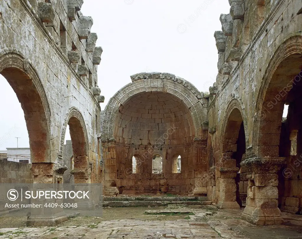 Syria. Harem district. Qalb Lozeh. Ruins of the Basilica c. 460. One of the best-preserved church of this period. View of the wide nave with semicircular apse. Near of Aleppo. Historical photography (taken before the Syrian Civil War).