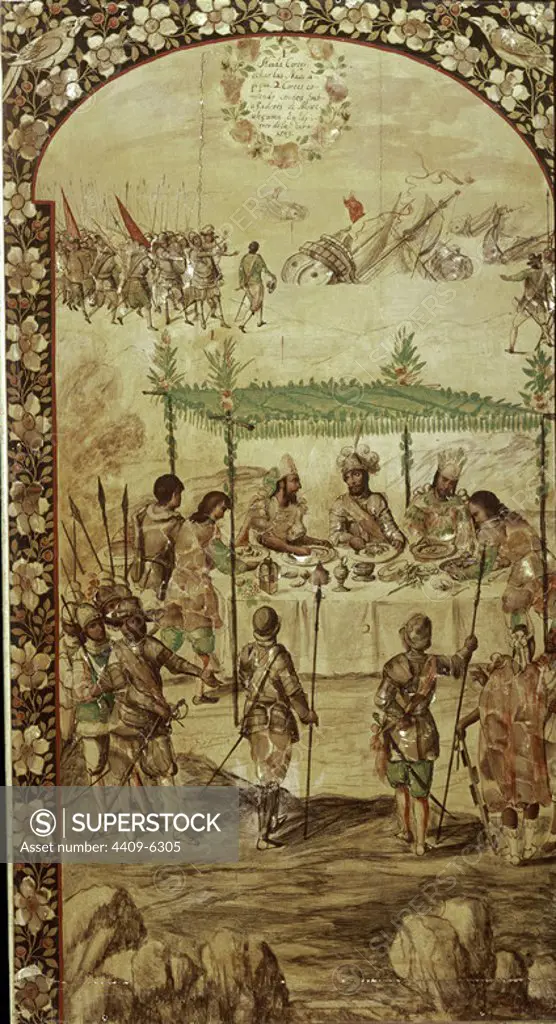 The Conquest of Mexico: Hernando Cortes (1485-1547) Orders the Destruction of the Ships and Meets with the Ambassadors of Montezuma (1466-1520) in 1520 - 1698 - oil on panel. Author: JUAN y MIGUEL GONZALEZ PINTORES siglo XVII. Location: MUSEO DE AMERICA-COLECCION. MADRID. SPAIN.