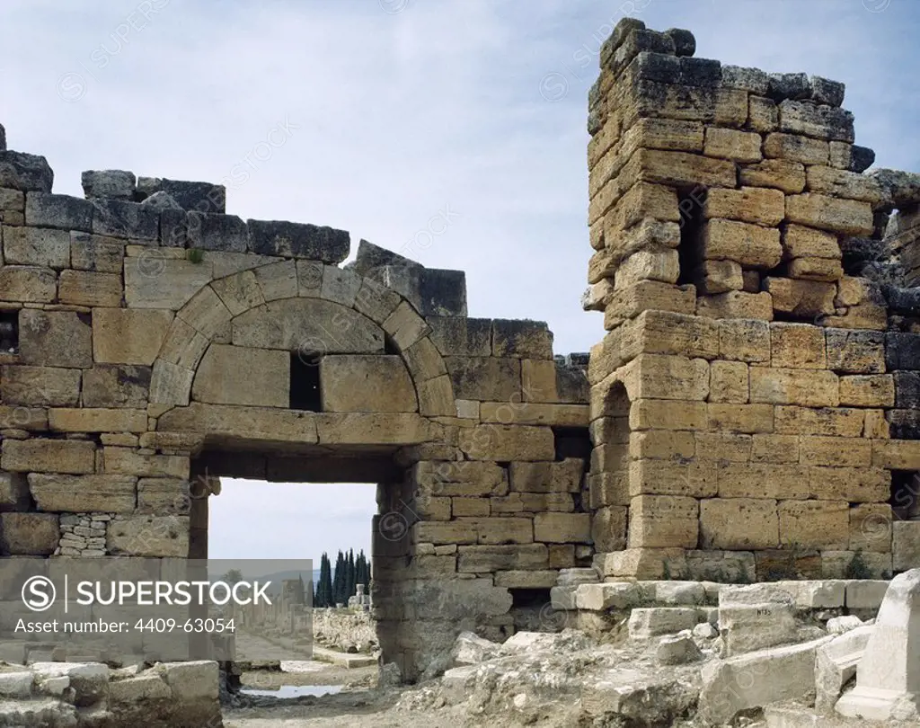 Turkey. Phrygia region. Ancient city of Hierapolis. North Byzantine Gate. Theodosian times (late 4th century). Pamukkale. Located in Frontinus main Street.