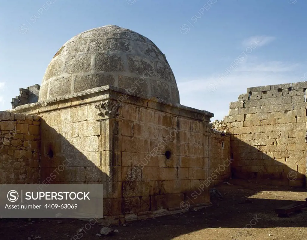 Syria. Ruweiha. Dead Cities or Forgotten Cities. Northwest Syria. Roman Empire to Byzantine Christianity. 1st to 7th century, abandoned between 8th-10th century. Remains of a building with dome. Unesco World Heritage Site. Historical photography (taken before Syrian Civil War).
