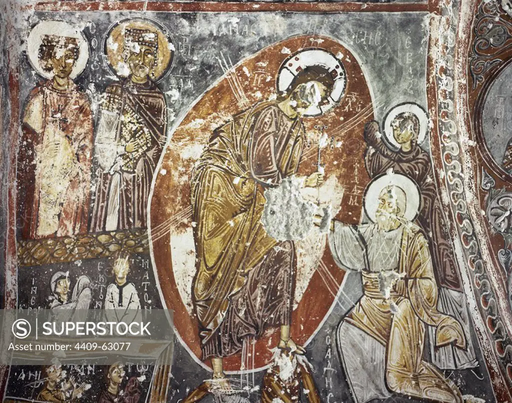 Turkey. Church of Saint Barbara. Built in 11th century. It was dedicated to the Christian martyr. Painting depicting a scene from the life of Jesus. Soganli Valley. Cappadocia.